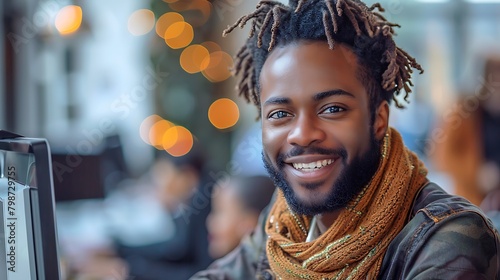 A smiling man with dreadlocks wearing a scarf working on a computer in a cafe with bokeh lights in the background. 