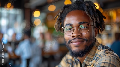 A smiling young man with dreadlocks and glasses posing in a cozy cafe setting. 