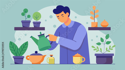He finishes his evening ritual by cleaning his teapot and storing his herbs for another day grateful for the calming effects of herbal tea brewing..