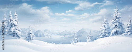 A beautiful winter landscape with snow-covered trees and mountains in the distance.