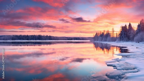 A beautiful winter sunset over a frozen lake, the sky is ablaze with color.