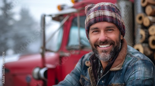 A cheerful bearded man in a plaid hat stands in front of a red truck in a winter setting, exuding warmth and happiness.