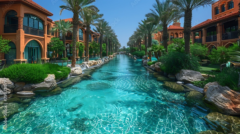 Luxurious resort with a clear blue canal surrounded by palm trees and orange buildings under a bright blue sky.