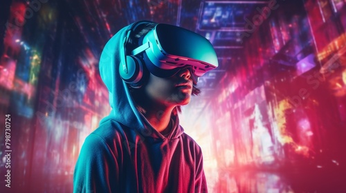 A young man wearing a virtual reality headset is immersed in a futuristic cityscape.