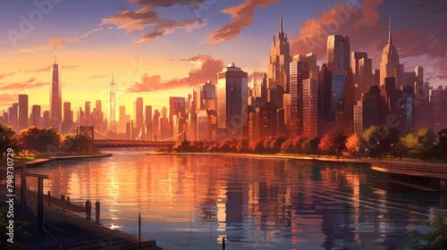 An anime style painting of a cityscape during sunset with a river in front, and the sun reflecting off the water and buildings.