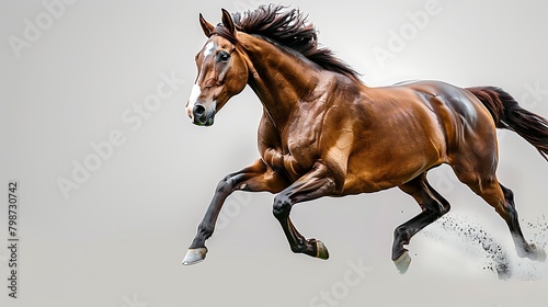 A majestic chestnut horse galloping powerfully with its mane flowing against a pale background.