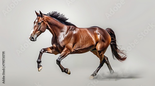 A majestic brown horse galloping gracefully against a neutral background 