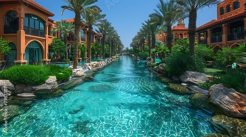 Luxurious resort with a clear blue canal surrounded by palm trees and orange buildings under a bright blue sky. © Munali