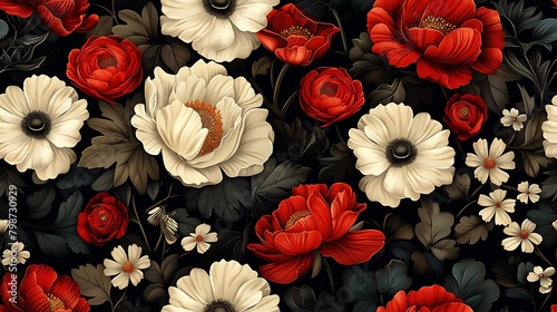 A seamless floral pattern featuring a rich array of red and white flowers against a dark background for an elegant wallpaper design. 