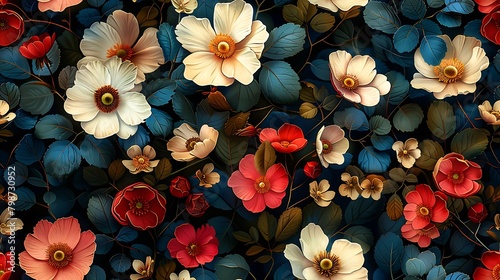 A vibrant floral pattern with a variety of flowers in full bloom against a dark background. 