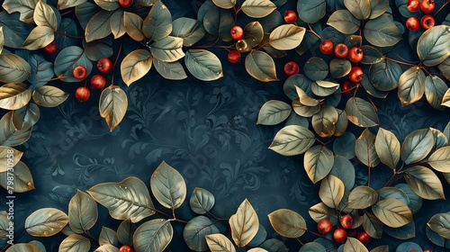 Elegant golden leaves and red berries on a dark patterned background for a luxurious design aesthetic. 