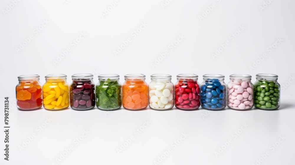 Lineup of 10 glass jars filled with colorful candies against a white background.