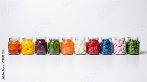 Lineup of 10 glass jars filled with colorful candies against a white background.