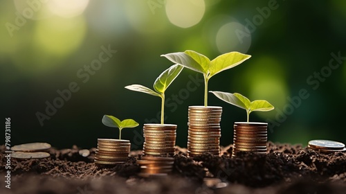 Stacks of coins with growing plants on top