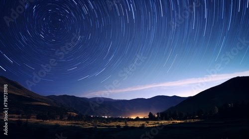 Star trails over a mountain landscape.