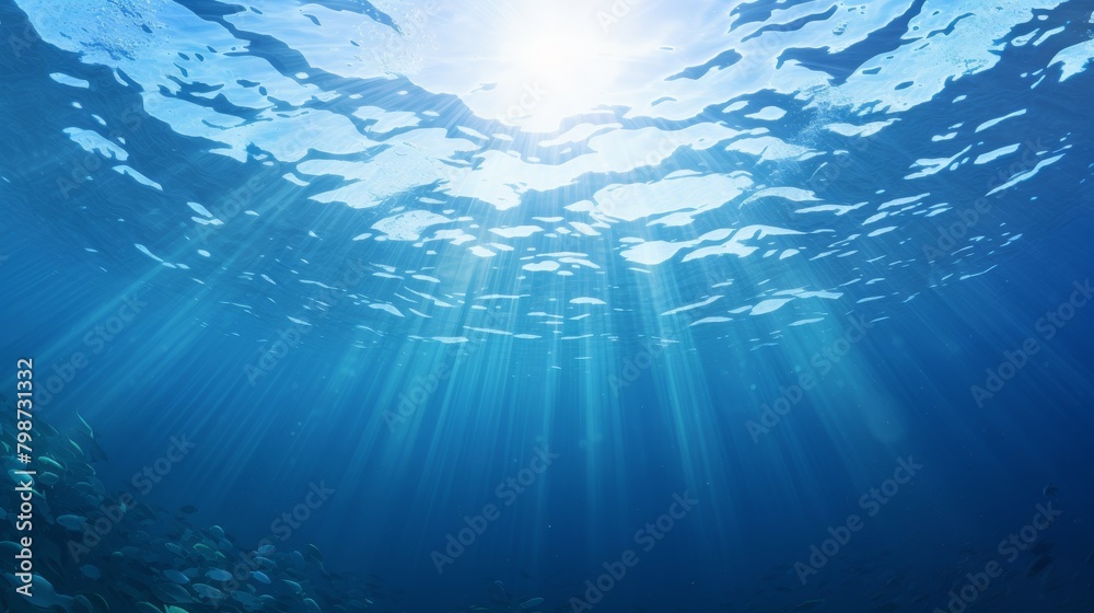 Underwater scene with sun rays shining through the water surface Underwater scene with sun rays shining through the water surface