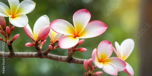 Create an image of a branch with pink and white frangipani-like flowers  featuring yellow centers  set against a blurred green natural background