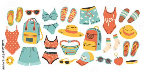 Summer clothes vector set for sticker. Bright summertime poster. Collection elements for summer holiday.