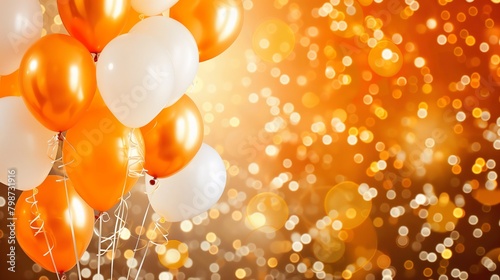 Happy birthday background with balloons in orange, white, and gold themes. banner, celebration, greeting card, background.