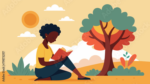 A woman sits under a tree the sun shining down on her as she reads aloud from a book filled with narratives of escaped slaves highlighting the bravery. Vector illustration