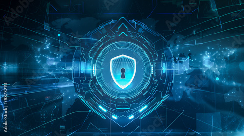 digital illustration of a cybersecurity concept with a shield at the center against the backdrop of a world map
