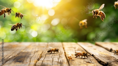 木製のテーブルの上を飛び回るミツバチ 