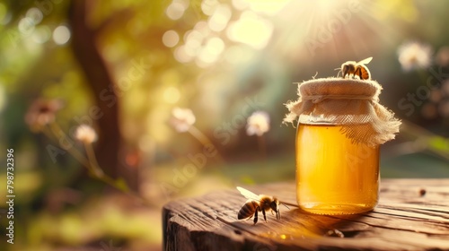 木のテーブルの上の蜂蜜とミツバチ、自然食品のイメージ 