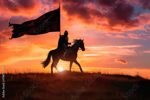 Valiant Knight in Shining Armor on Warhorse Advances through Vibrant Sunset Sky