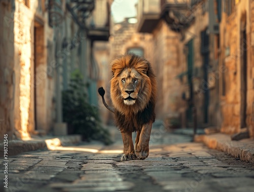 A lion is walking down a narrow alleyway