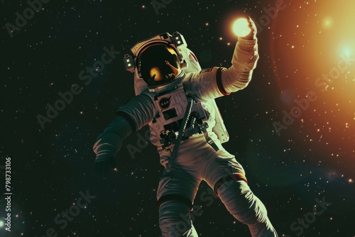 Weightless Explorer Astronaut Floats Through the Cosmos with a Glowing Orb