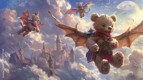 fantastical realm inhabited by cartoon teddy bears riding on the backs of friendly dragons soaring through the clouds and embarking on epic adventures beyond the bounds of imagination.