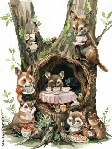 Watercolor Woodland Tea Party A Cozy Gathering of Playful Animals in a HollowedOut Tree Trunk