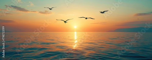 Bird silhouettes flying over the ocean at sunset  sense of freedom and exploration  peaceful and expansive