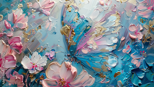 Delicate wildflowers and butterfly on canvas with oil paints. Painting. Picture..