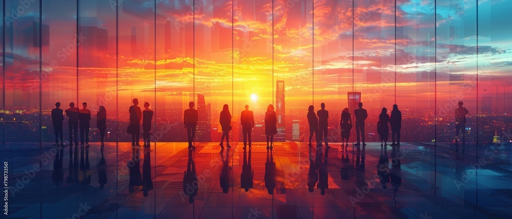 Business figures in a skyscraper office, gazing at an urban sunset, symbolizing corporate life and ambition