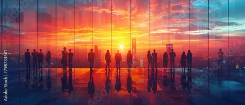 Business figures in a skyscraper office, gazing at an urban sunset, symbolizing corporate life and ambition