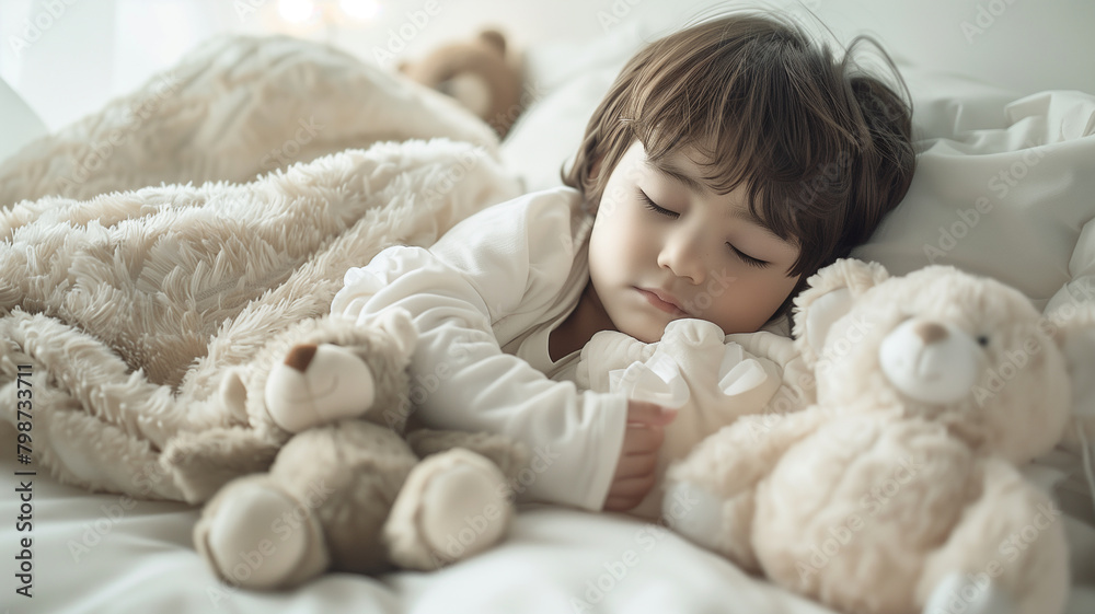 Child asleep with plush toys.teddy bears Child asleep with plush toys.teddy bears