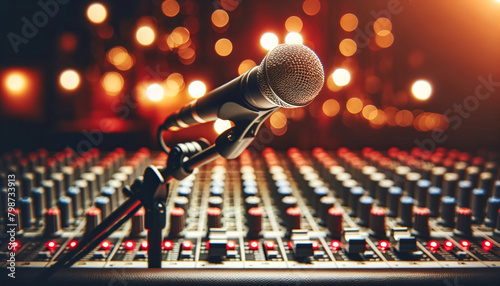 a microphone on a stand with a blurred background of a music mixing console with sliders and knobs