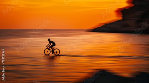 Cyclist speeds along coastal road at sunset with vivid orange sky, feeling energetic and free