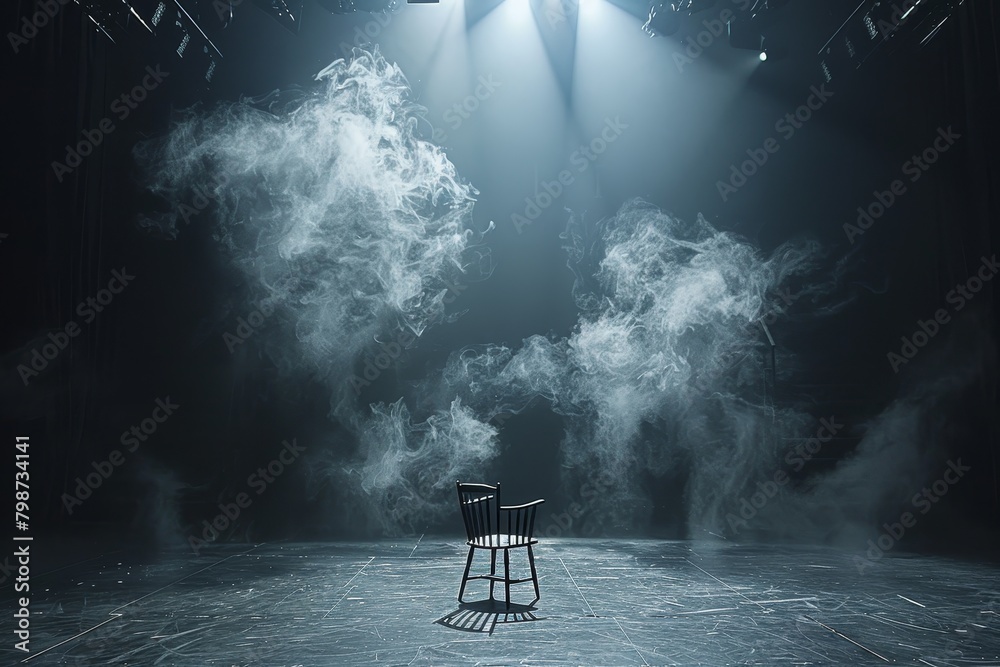 Mysterious theatrical aura with a solitary spotlight on an empty chair sets a dramatic stage silhouette