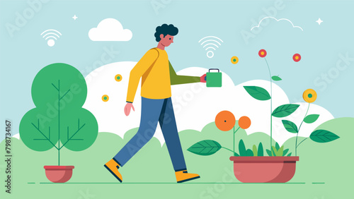 A man walks through his garden his neural link providing him with realtime data on the health of his plants and suggesting care tips..
