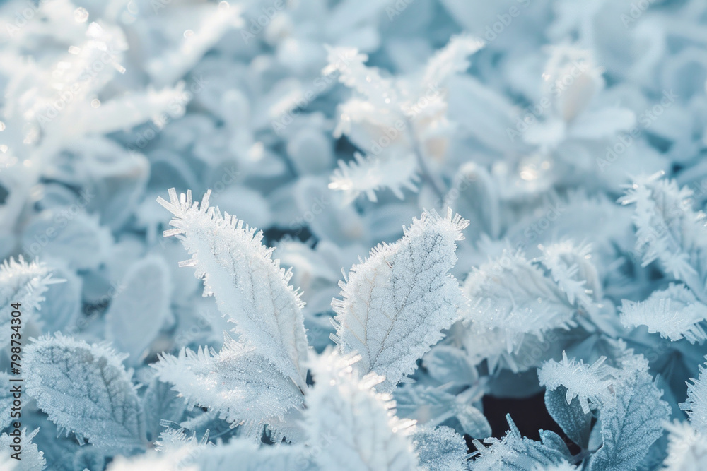 Textured surface of leaves covered in frost, showcasing intricate ice crystals and frost patterns. Frosty leaf textures offer a wintry and natural backdrop Textured surface of leaves covered in frost, showcasing intricate ice crystals and frost patterns. Frosty leaf textures offer a wintry and natural backdrop