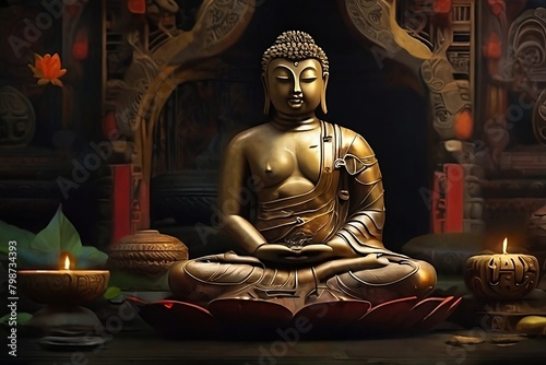 Buddha statue in meditation with burning candles