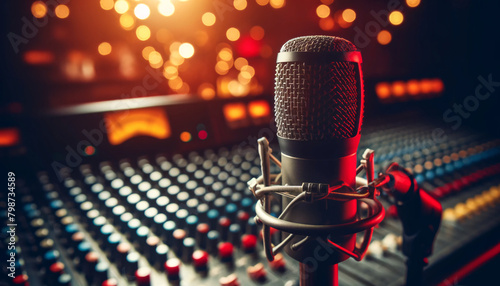 microphone on a stand with a blurred background of a music mixing console