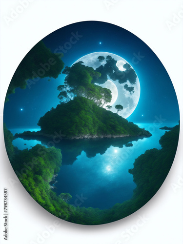 Beautiful island with tropical forest at night with starry sky. bright full moon, photorealistic panorama, green forest, blue sky with white cloud moonlight. 