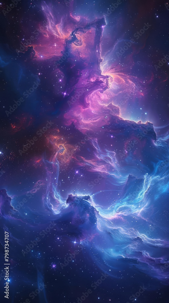 Spacethemed illustration featuring distant galaxies, stars, and nebulae in deep blues and purples