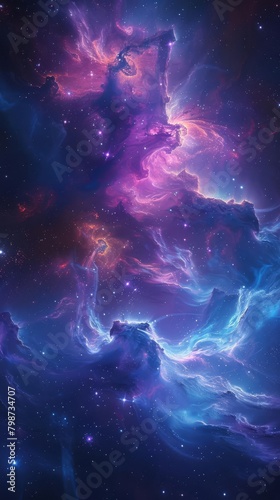 Spacethemed illustration featuring distant galaxies  stars  and nebulae in deep blues and purples