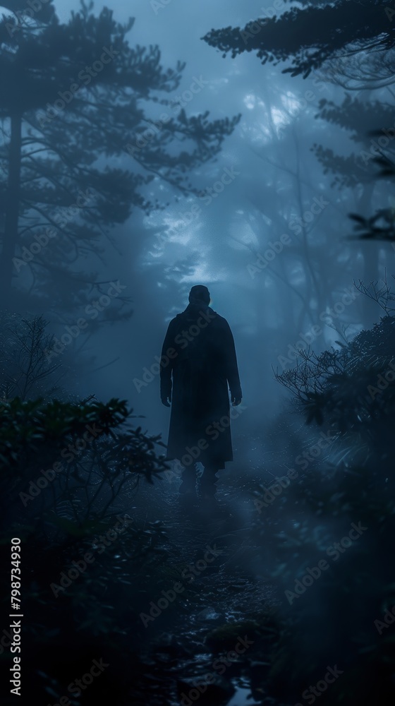 A mysterious figure moves through the misty forest, creating an eerie and suspenseful ambiance