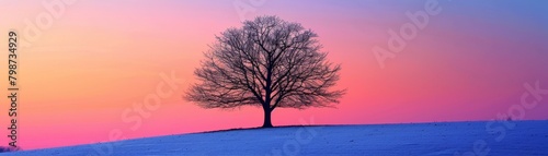 Lone tree silhouette against a stark  colorful twilight sky  minimalistic and dramatic natural scene