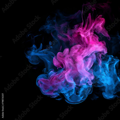 Vibrant colorful blue and pink smoke floating on black background. Suitable for overlay quote or text on it for Holi festival presentations or banner design. generate ai 